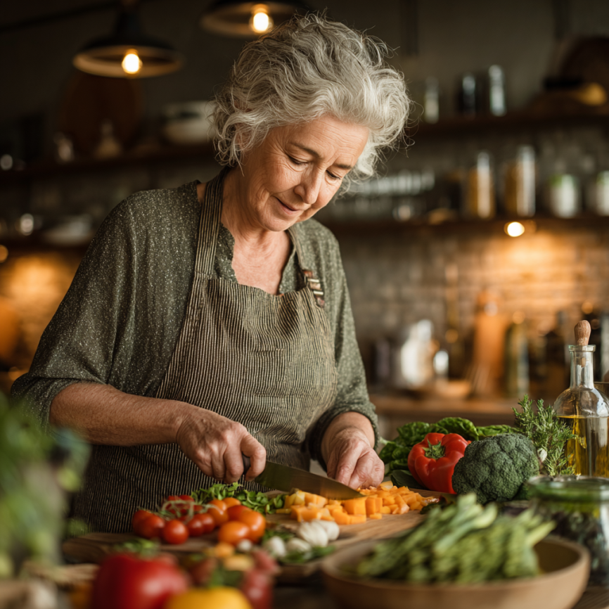 Възрастна двойка готви здравословна храна